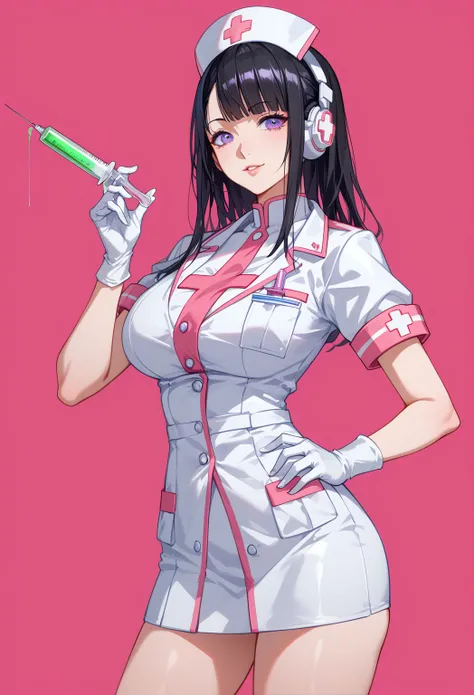 It&#39;s transparent， Broad chest 、 black hair、 big breasts、Put on a white bikini、white solid color background、 Max Image Quality、Put on white headphones、Let them hold a large syringe、Broad chest A cute pink nurse with purple eyes holding an electric syrin...