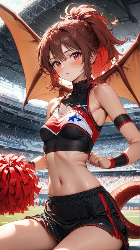  unclear(  top quality、  Masterpiece、  high resolution)、((1 person)),( cute woman sitting),( Red Dragon Personification ,,red short lizard tail,Little wings of a pterosaur on its back),Long nails),Flat Bust,Small breasts, Sports Bra,low-rise spats, wristba...