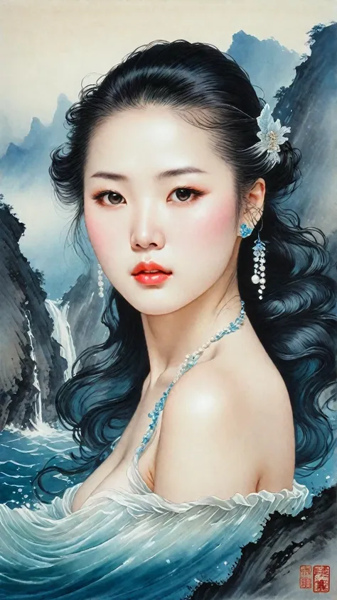   A traditional style of Chinese painting with ink  ,   a beautiful mermaid princess sitting elegantly on a cliff by the sea,   her expression a mixture of sadness and grace  ,   tears streaming down her face  ,   each tear transforming into a sparkling pe...