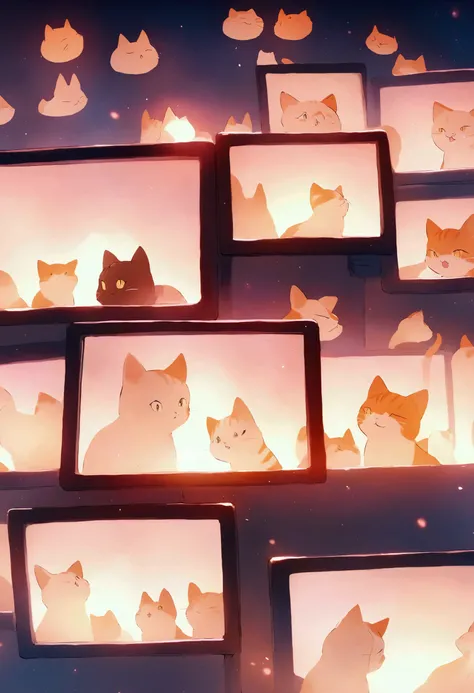 Lots of cats，Stacked on the screen，Overexposure