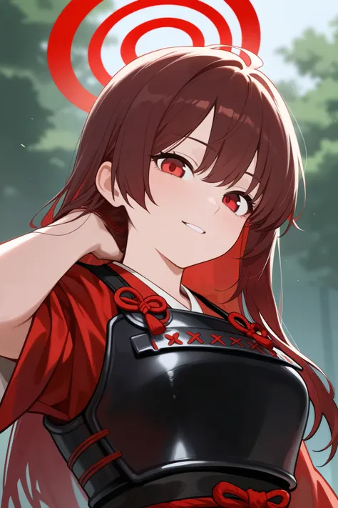 1 girl, Hair length reaches the back, Brown hair and red hair on the edges of the hair, red eyes, but not bright, wear a sexy samurai outfit, หน้าอกไซส์ปานกลาง, have a red halo