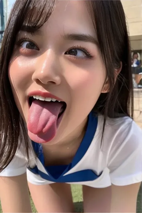  1 girl, table top,,Award-winning photo,  very detailed,  face close-up 、 keep your eyes focused, Nose and mouth, focus on face ,  woman on all fours with her mouth open and her eyes closed,  focus on face の接写、age: 18 , dark-haired、 symmetrical face at sch...