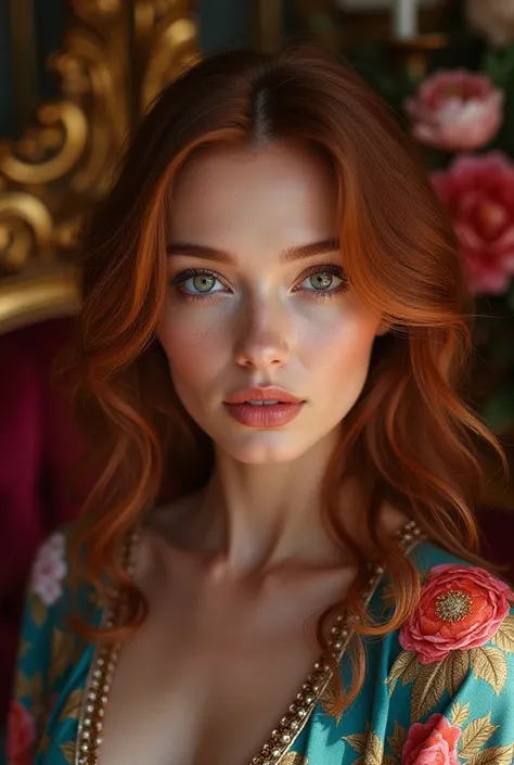 Close-up of a Russian model in a vibrant and colorful living room. 