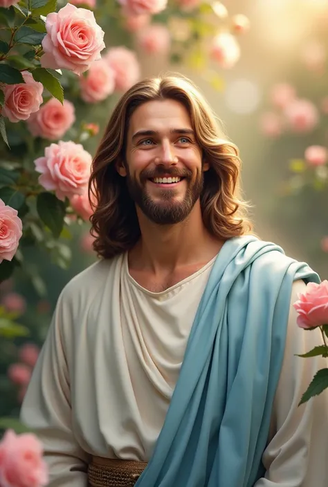  Jesus of Nazareth , Happy in nature,  smiling, Dressed in white, In the background a rose bush of pink roses, her hair is wavy up to her shoulders and her eyes are sky blue, Wear a sky blue cloak 