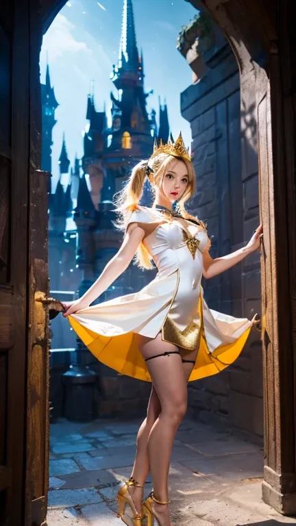 (Anastasia UC), blonde pigtails, (wearing a thin white goddess dress), (golden crown), (platform heels), sexy standing pose, ((FANTASY THEME)), (detailed chest), (detailed crotch), castle in the background, vibrant colorful lighting, DSLR, 4k, 8k, cinemati...