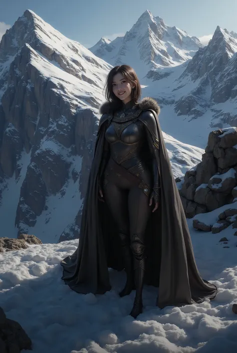 (ultra Realistic) , (illustration), (Enhance resolution), (8k), ( Extremely Detailed), ( detailed face ), Slim Body, in the dark , deep shadow, low profile, pureerosfaceace_v1, Happy smile, Winter, Mountain