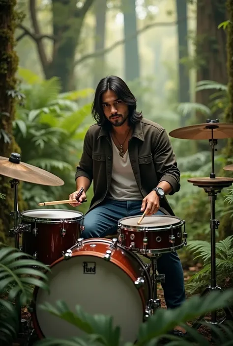 Indonesian man wearing long hair jacket handsome face wearing jacket wearing jeans wearing boots playing drums complete with cymbals in middle of forest