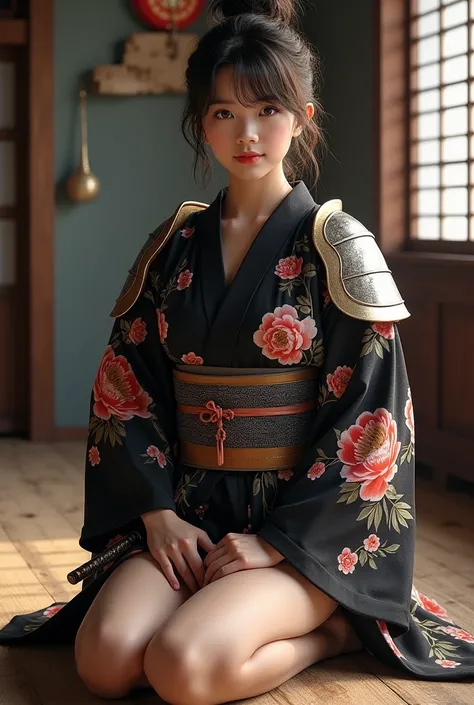  hyperreal、 photos、Japanese beautiful girl with big breasts、 kimono、Short kimono、Large peony pattern 、The fabric is black、Japanese armor for shoulders and hips 、Japanese sword on waist、 The length of the kimono is short and you can see below the thigh、Armo...