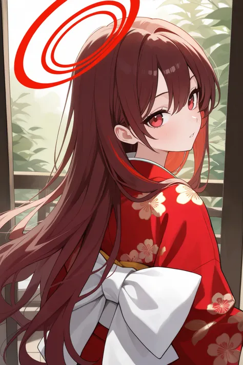 1 girl, Hair length reaches the back, Brown hair and red hair on the edges of the hair, red eyes, but not bright, wear a sexy kimono outfit, หน้าอกไซส์ปานกลาง, have a red halo