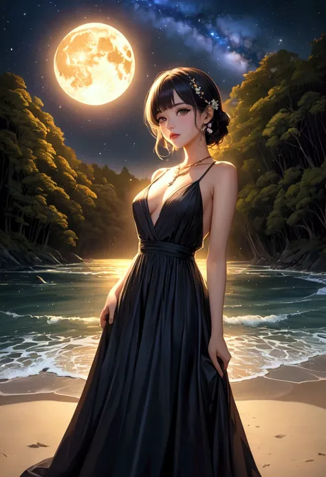 ( Masterpiece、 top quality、8k、 high resolution)、 1 woman、( beautiful face、 beautiful face)、 beautiful eyes、 beautiful lips、Beautiful Nose、  Brownish Black Hair  、( best girl )、A sandy beach with a view of the forest 、A bright starry night、 full moon、 Milky...