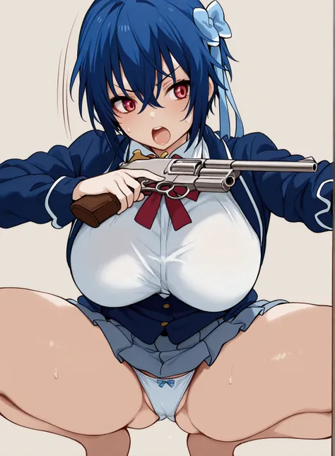 Masterpiece,1 girl, seishirou tsugumi, tomboy, shorts hair,Blue ribbons, tsugumi outfit,beep blue hair, femenine, feminine posture, Big  saggy breast,mad, gun, open mouth, background school, perfect scene , Masterpiece, score 9, anime colors, AMERICAN SHOT...