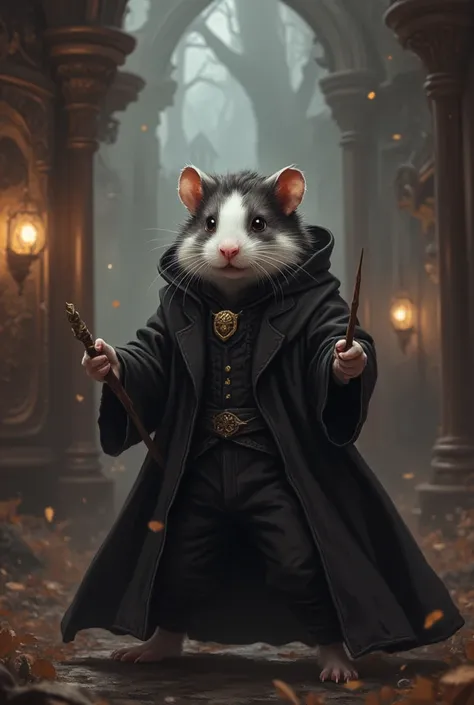 hamster dressed like severus snape from harry potter,  masterpiece,  Best quality, Super Detail,an epic,4K,mystical castle,  holds a magic wand , In fantasy art style ,  cinematic light ,medium-length oily black hair ,  ultra-detailed ,  8k resolution . a ...