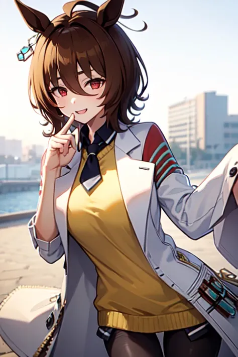 best quality,Agnes Tachyon 、Horse Girl、One person、 girl、Horse ears、Horse tail、 earring on one side 、Red eyes、 lines in eyes 、 shorthair、 brown hair 、Jacket、（White coat:1.2)、(bigger sleeve than wrist :1.1)、 yellow big sweater、 ties、 black pantyhose 、Stray h...