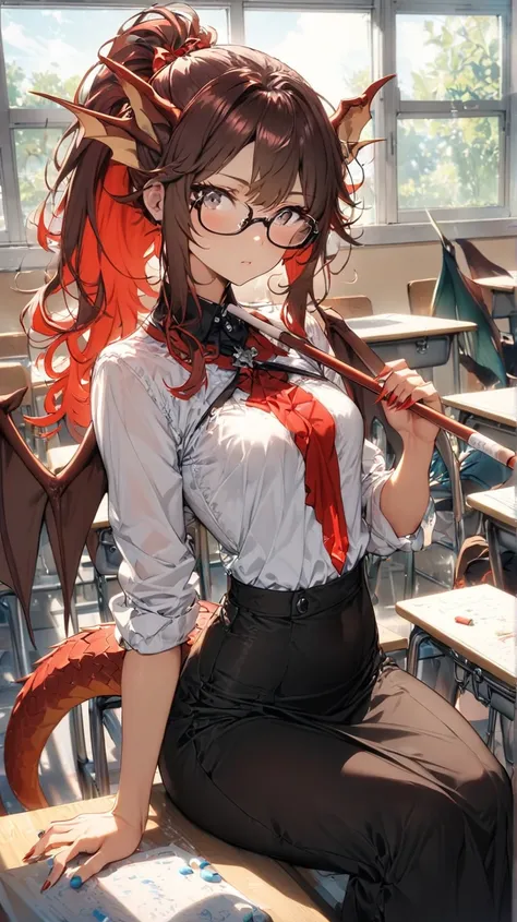  unclear(  top quality、  Masterpiece、  high resolution)、((1 person)),( cute woman sitting),( Red Dragon Personification ,,red short lizard tail,Little wings of a pterosaur on its back),Long nails),Flat Bust,Small breasts,( Black Semi-Long Hair , red inner ...