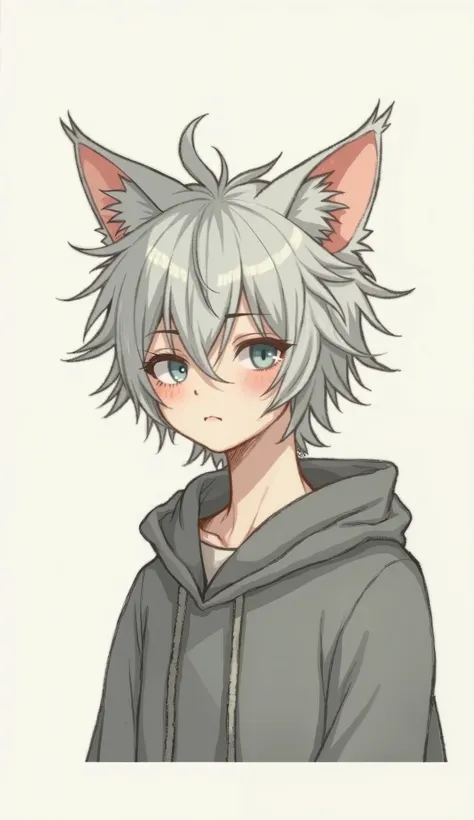 White-haired cat ear boy hoodie illustration style