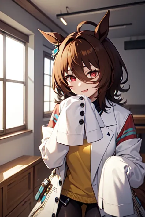 best quality,Agnes Tachyon 、Horse Girl、One person、 girl、Horse ears、Horse tail、 earring on one side 、Red eyes、 lines in eyes 、 shorthair、 brown hair 、Jacket、（White coat:1.2)、(bigger sleeve than wrist :1.1)、 yellow big sweater、 ties、 black pantyhose 、Stray h...