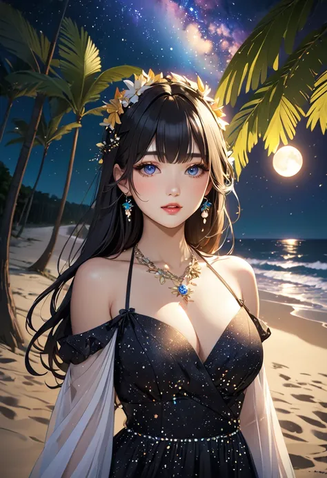 ( Masterpiece、 top quality、8k、 high resolution)、 1 woman、( beautiful face、 beautiful face)、 beautiful eyes、 beautiful lips、Beautiful Nose、  Brownish Black Hair  、( best girl )、A sandy beach with a view of the forest 、A bright starry night、 full moon、 Milky...