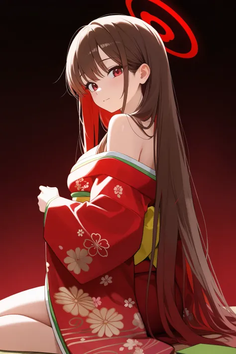 1 girl, Hair length reaches the back, Brown hair and red hair on the edges of the hair, red eyes, but not bright, wear a sexy kimono outfit, หน้าอกไซส์ปานกลาง, have a red halo