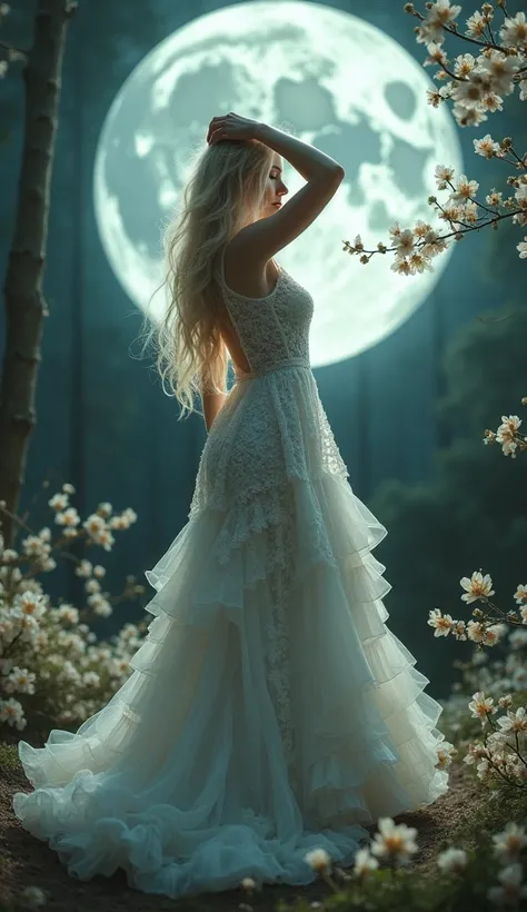 A stunning fantasy scene featuring a beautiful woman with long, flowing blonde hair. She is wearing an elegant, intricate white lace dress with a voluminous, ruffled skirt, standing gracefully with one hand touching her head. The background features a glow...