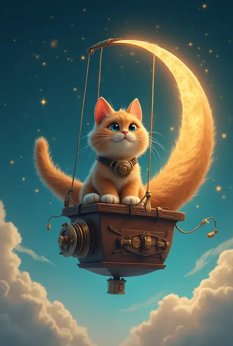 a realistic cartoon steampunk cat smiling flying on a hot air moon balloon at night, realistic fur texture, moon hot air balloon, , starry sky, fantasy art style, magical atmosphere