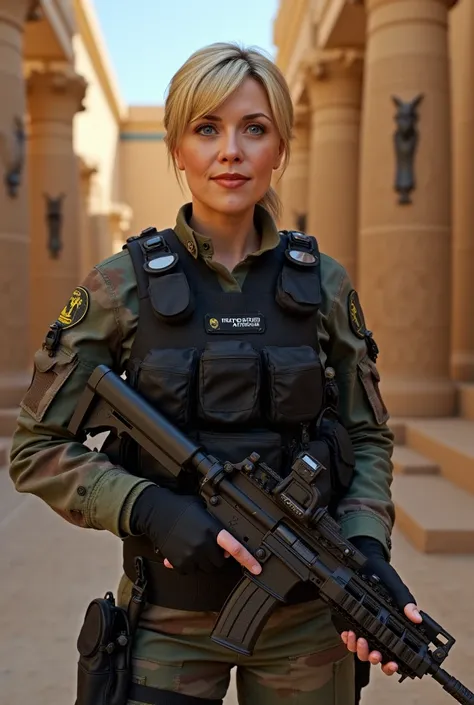 Hyperrealistic photography Samantha carter, wearing milirary combat gear. holding a sub-machine gun, high resolution, HD model,  high quality,  tall details ,, large breasts, blush,  blue eyes,  smile,  Dutch plane ,  blond hair, egyptain gods in backgroun...