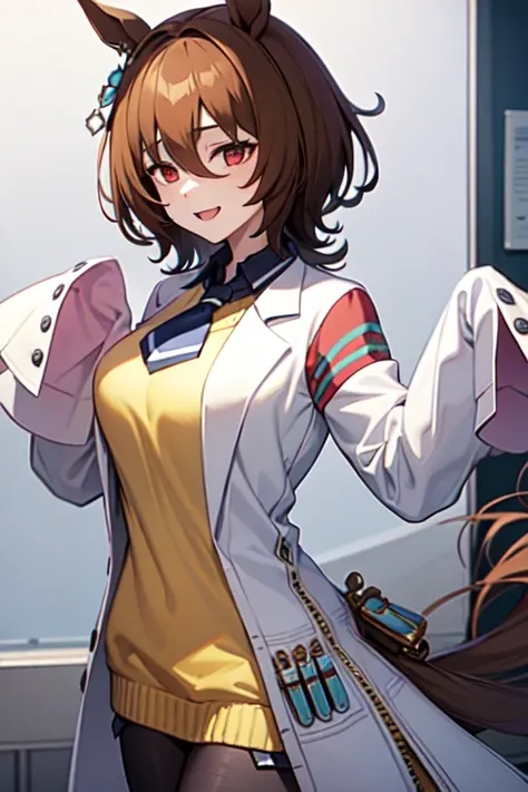 best quality,Agnes Tachyon 、Horse Girl、One person、 girl、Horse ears、Horse tail、 earring on one side 、Red eyes、 lines in eyes 、 shorthair、 brown hair 、Jacket、（White coat:1.2)、(bigger sleeve than wrist :1.1)、 yellow big sweater、 ties、 black pantyhose 、Stray h...