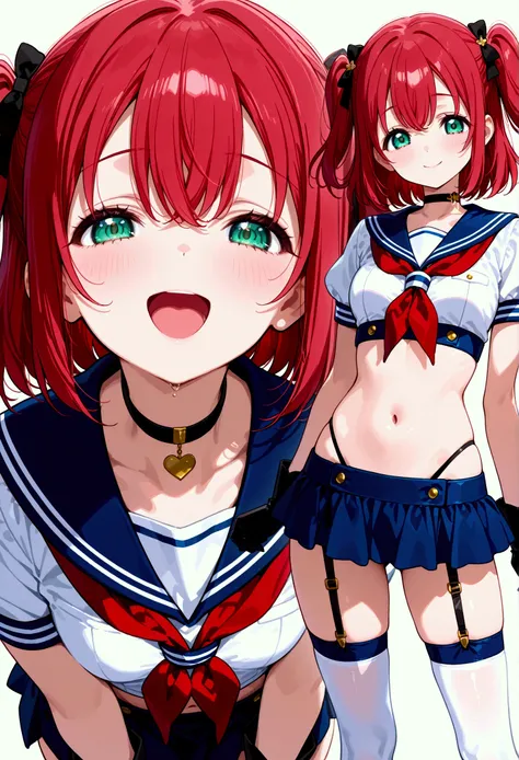  Kurosawa Ruby、  short hair、bangs、(  Green Eyes:1.3)、 Red Hair 、Aqua Hitomi  、  TWO SIDES UP 、g-string、smile、  Masterpiece、  Super Detail、  open your mouth、whole body、  Overknee Socks  、  choker 、  black gloves、 garter ring、 back、Two views、 standing, sailo...