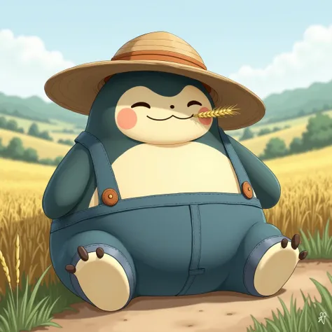 Draw a Snorlax Pokémon wearing overalls, with a straw hat and a piece of wheat in mouth