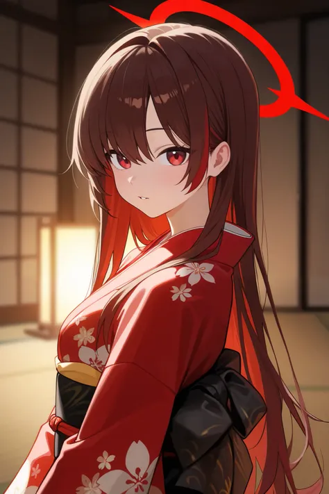 1 girl, Hair length reaches the back, Brown hair and red hair on the edges of the hair, red eyes, but not bright, wear a sexy kimono outfit, หน้าอกไซส์ปานกลาง, have a red halo