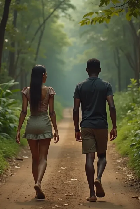 Two young people, a man and woman (Kofi and the narrator), walking down the dirt path. The woman's expression is nervous, looking over her shoulder toward the forest. The man seems more at ease, but his pace is quickening.