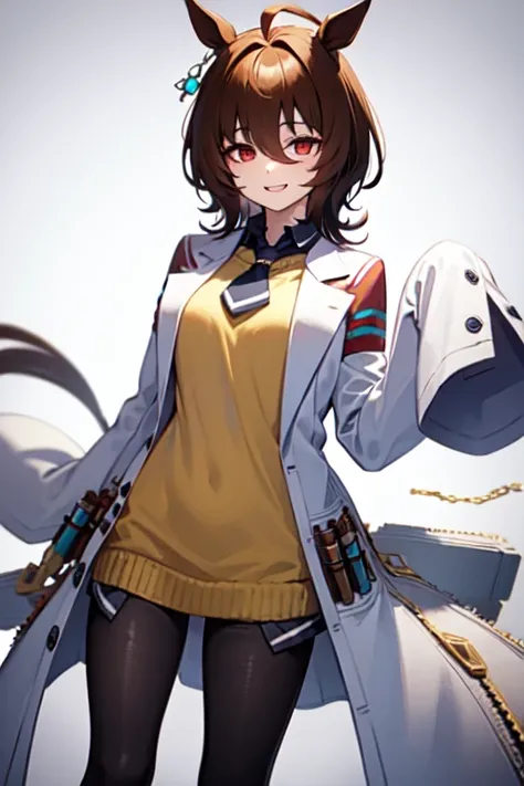 Agnes Tachyon 、Horse Girl、One person、 girl、Horse ears、Horse tail、 earring on one side 、Red eyes、 lines in eyes 、 shorthair、 brown hair 、Jacket、（White coat:1.2)、(bigger sleeve than wrist :1.1)、 yellow big sweater、 ties、 black pantyhose 、Stray hair、best qual...