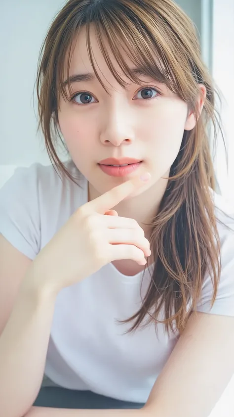 (8k、RAWE Photo、 top quality、 Masterpiece:1.2)、日本人woman、Age 25、woman、(( At home ))、((Cleaning the floor))、 bright room、 thick brown hair、 ponytail、, SHARP FACE 、 detailed face、double eyelids、 big breasts、(( white t-shirt ))、(( denim skirt))、、( Cameltoe)、 PE...