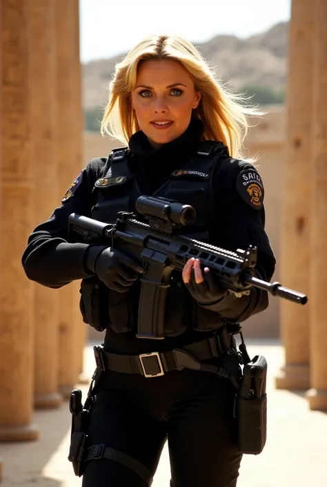 Hyperrealistic photography Samantha carter, wearingblack stargate milirary combat gear. holding a sub-machine gun, high resolution, HD model,  high quality,  tall details ,, large breasts, blush,  blue eyes,  smile,  Dutch plane ,  blond hair, egyptain god...