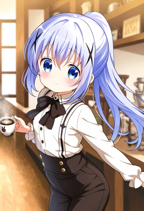 stylish pose ,{long sleeve shirt}, {small black bow tie}, {Y-black suspenders}, {black long pants}, ponytail, {cross-dressing },serious face ,1girl,soro,{Very cool} ,small breasts ,Junior high school student, one woman ,kafuu chino, Original style, Very hi...