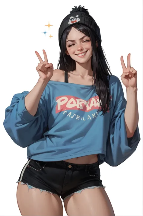 1girl, closed mouth, smirk, closed eyes, black hair, long hair, blue off-shoulder shirt, black beanie, v sign, wide hips, white background, cartoon style