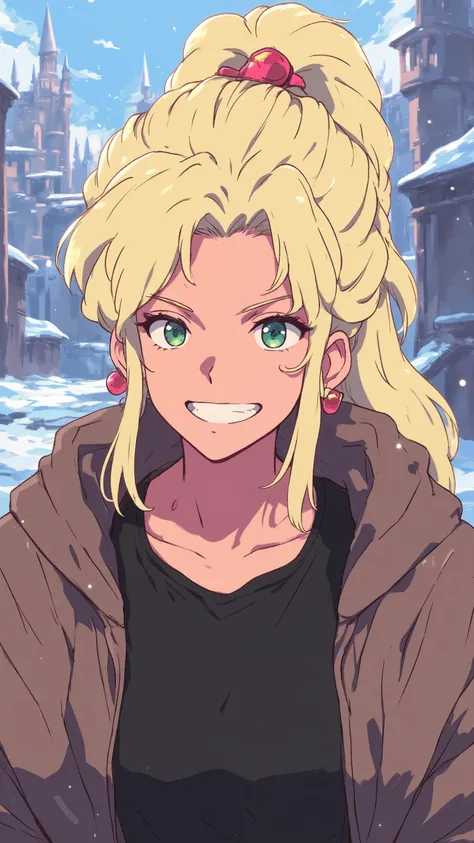 The image shows an anime-style character with long blond hair, com mechas vermelhas, attached to a tall ponytail . She has bright green eyes and a mischievous smile, with one eye blinking . Her expression transmits energy and confidence .
She wears a bl...