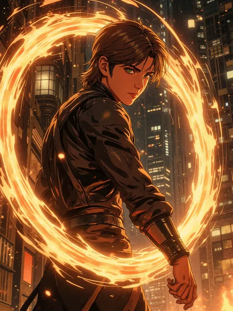 Boy, about twenty years old, with brown hair and straight parting, with green eyes, wearing black , at night, shows the fire show