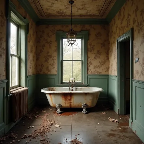 Magnificent large bathroom, total luxury from the VICTORIAN period, realistic, but completely abandoned and destroyed by time, bathtub from the VICTORIAN period, completely dirty and with rust, elegant wallpaper, but torn, dirty and with leaks, ceiling wit...