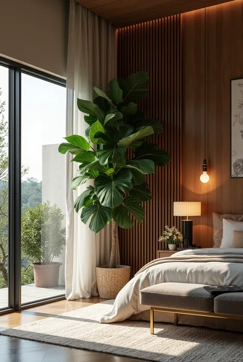 premium interior design bedroom with ficus and decor