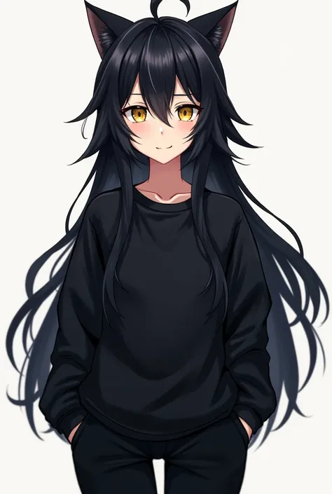 An anime,  long spiky black hair,  golden eyes, black cat ears,  black sweatshirt,  black pants .