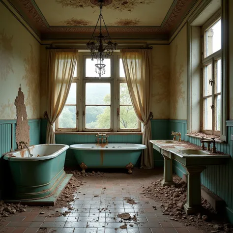 Magnificent large bathroom, total luxury from the VICTORIAN period, realistic, but completely abandoned and destroyed by time, bathtub from the VICTORIAN period, completely dirty and with rust, elegant wallpaper, but torn, dirty and with leaks, ceiling wit...