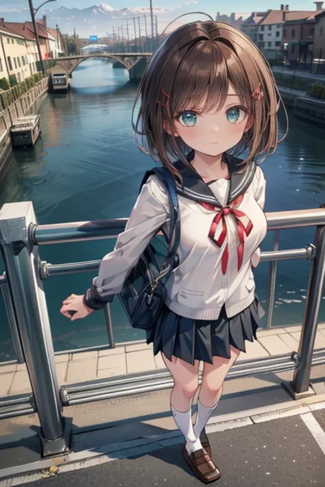 high resolution,8k, very detailed, top quality, Masterpiece, 1 woman(150cm tall、Small face、Young、(brown hair,short hair), green eyes , Slightly small breasts, slightly thick thighs)、(( high school girl uniform :1.4), pleated skirt,white socks,ribbon(red), ...