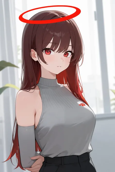 1 girl, Hair length reaches the back, Brown hair and red hair on the edges of the hair, red eyes, but not bright, wear a sexy sport outfit, หน้าอกไซส์ปานกลาง, have a red halo