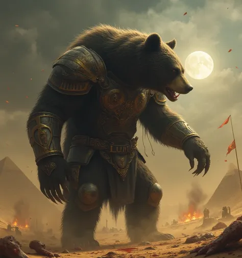 A giant God-like shadow warrior Bear, wearing a black and gold armor, standing on a bloody battlefield in the desert, during a sandstorm. A dark aura or energy is emanating from the realistic giga bear, Zombie bodies here and there on the ground. In a clos...