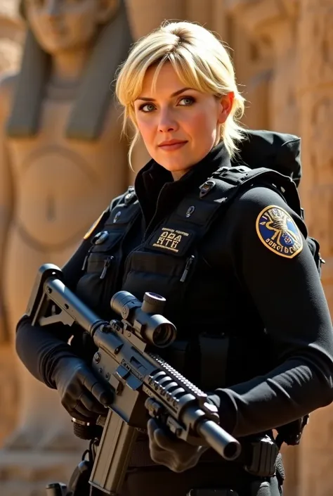 Hyperrealistic photography, viewed from the side,Samantha carter, wearingblack stargate milirary combat gear. holding a sub-machine gun, high resolution, HD model,  high quality,  tall details ,, large breasts, blush,  blue eyes,  smile,  Dutch plane ,  bl...