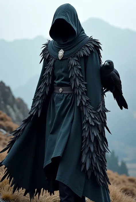 Make me a picture of a dark, hooded cloak with intricate, feather-like patterns embroidered along the edges. The feathers are a mix of dark grays and blacks. The cloak is made of a lightweight, yet durable material, perfect for stealthy movements. A silver...