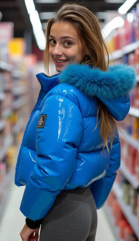 Backside diagonally photo from side behind of a sweaty hot wet cute beautiful pale freckled cute brunette dutch italian spanish young posing age femboy wearing extreme shiny bright latex bright blue pvc cropped short moncler puffer jacket. Big latex pvc sh...