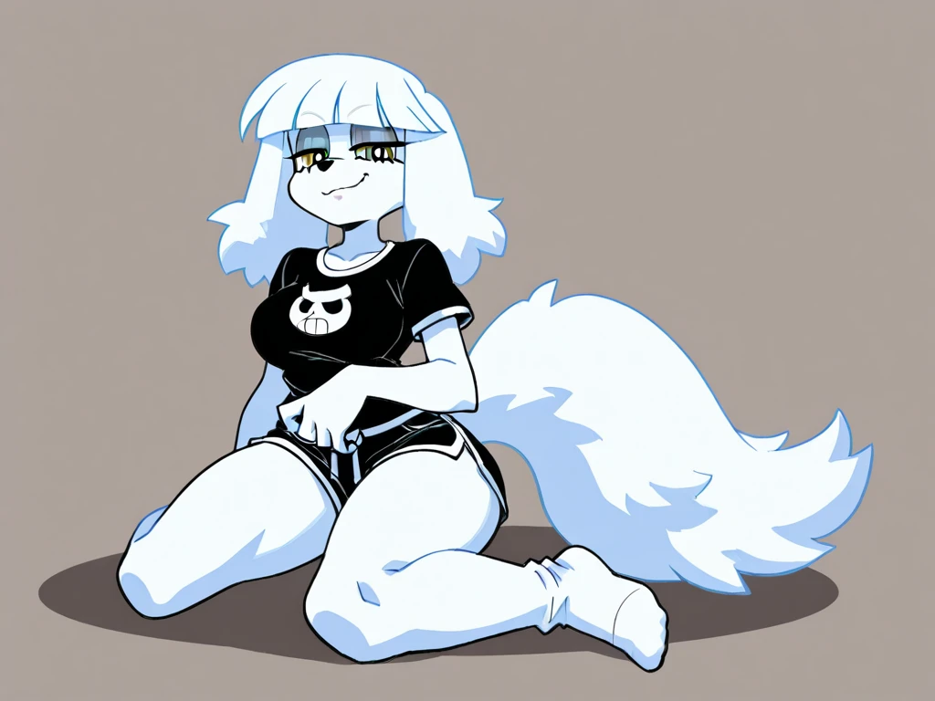 Female Furry white fluffy Dog wearing black shorts and black shirt and has no shoes and has thicker legs and thighs and has a Silly Stupid face expression, sitting on separate legssakuraplatinum_illustriousxl sonic Archie style Tracy Yardley, Japanese and ...