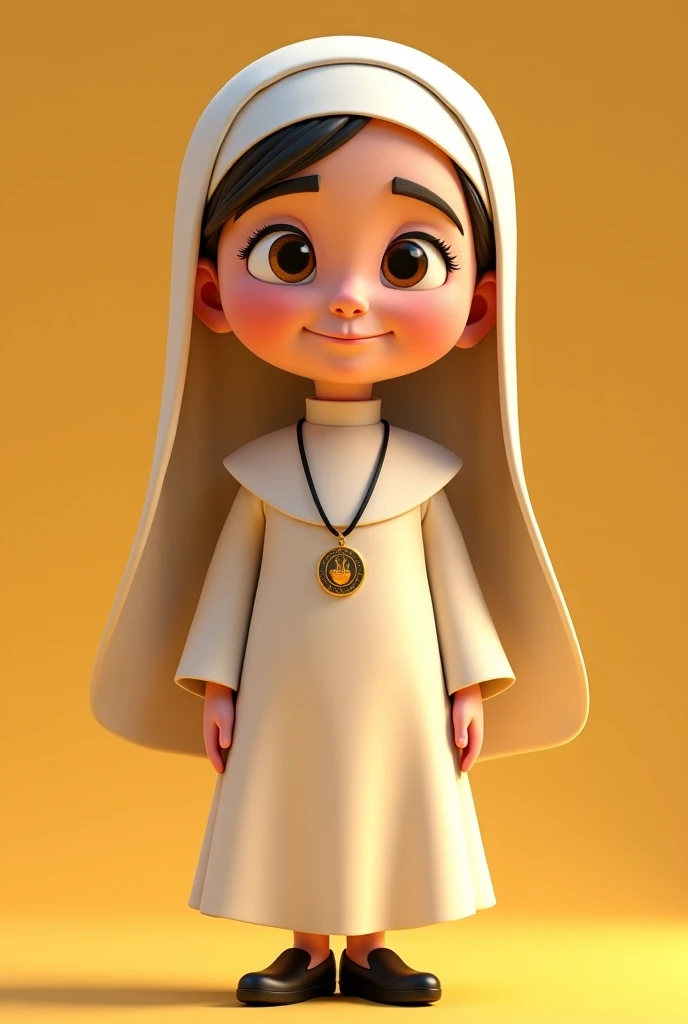 Create a full body image of a little nun from the Congregation of the Daughters of the Holy Spirit, pixar cartoon, wearing a bone-colored habit and wearing a medal of the Holy Spirit 