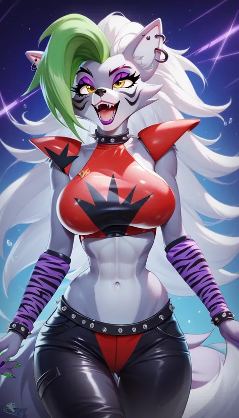 (masterpiece), best quality, 1girl, perfect face, front view, FNAF Security Breach, Roxanne wolf, busty, moaning face, yellow eyes,very large tits, sexy pierced navel, sexy semmi-skinny belly, sexy hourglass body, black long dress with